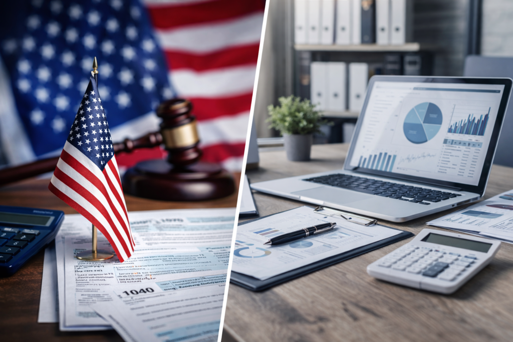 Split image representing TaxStackUSA services: Left side showing US tax compliance symbols including a US flag, gavel, and 1040 forms; Right side showing a modern workspace with financial analytics on a laptop screen and a calculator."