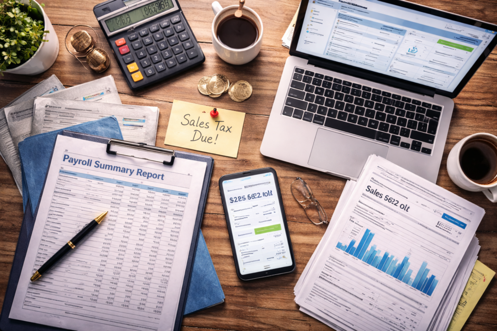 Organized workspace illustrating payroll processing and sales tax compliance activities