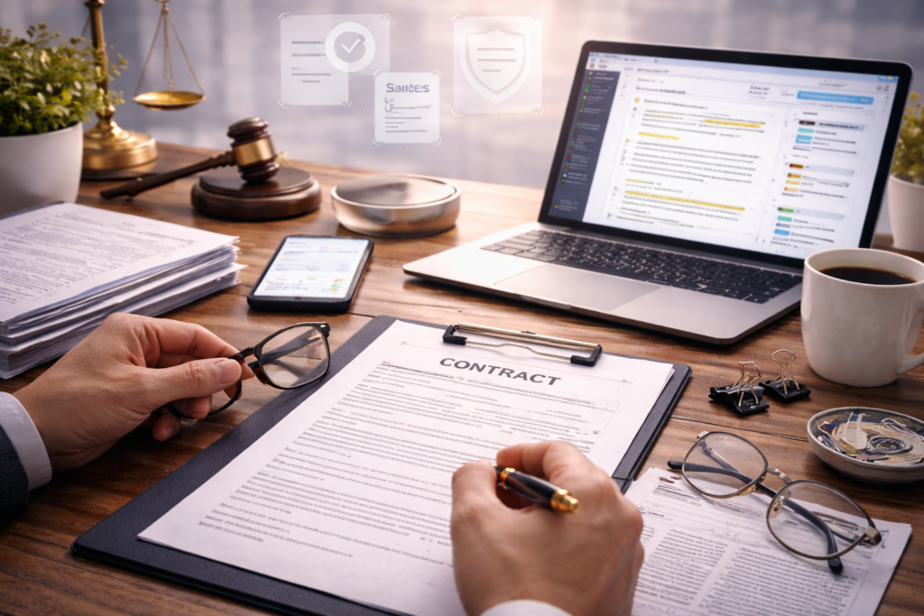 Professional contract drafting and review workspace with legal documents, laptop, and office tools.