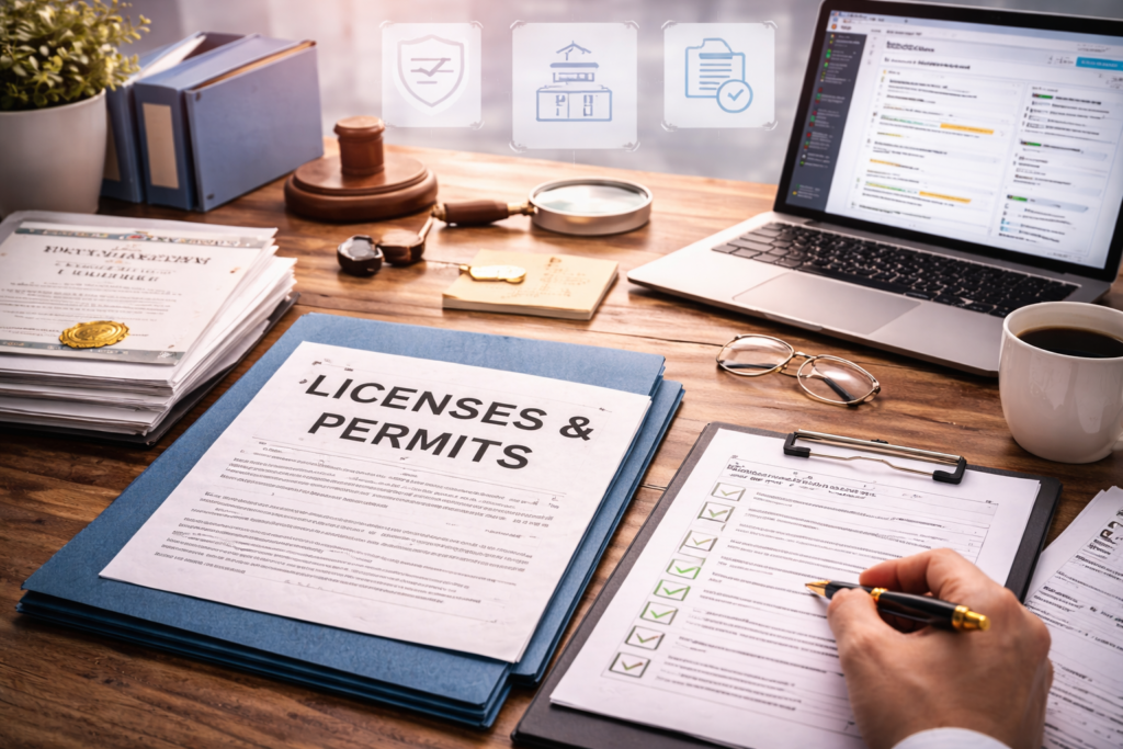 Professional workspace illustrating business licensing and regulatory compliance documentation in the United States.
