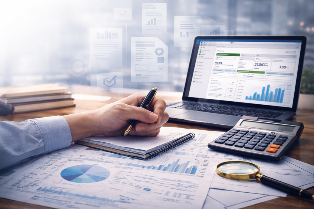 Professional bookkeeping and accounting workspace with financial reports, calculator, and accounting software dashboard