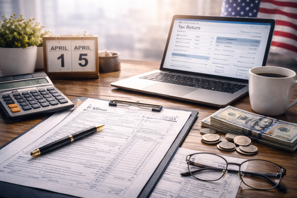 U.S. tax planning and return preparation workspace with financial documents, calculator, laptop, and organized desk setup.