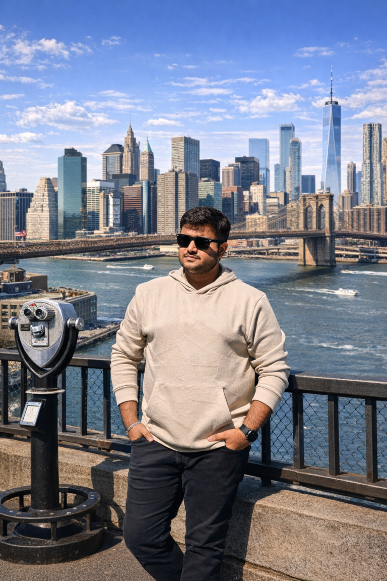 Modern entrepreneur standing against a United States city skyline, wearing a casual hoodie and sunglasses, representing a confident business founder.